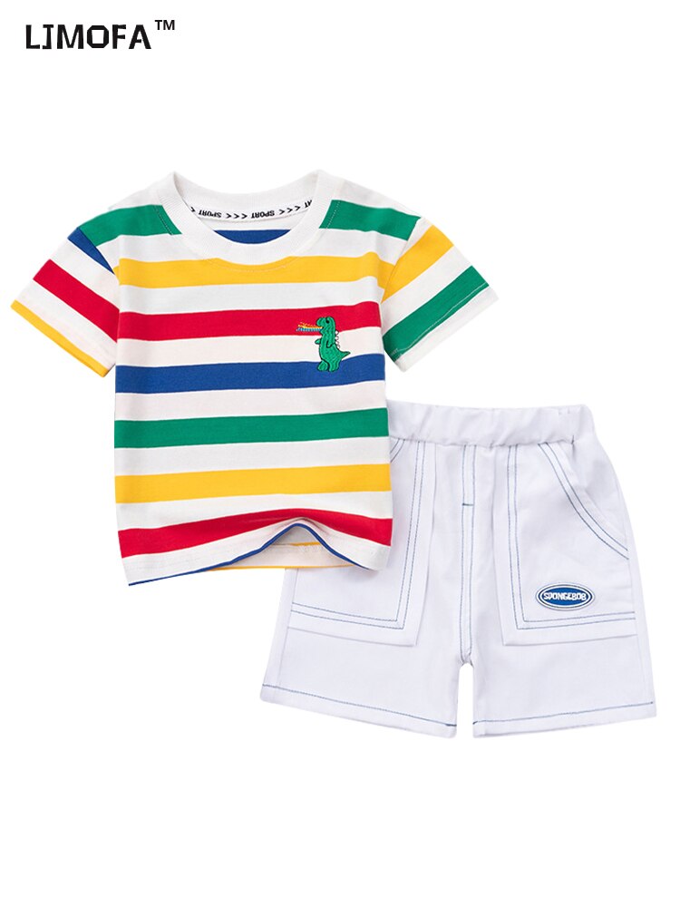 LJMOFA Boy Summer Clothing Suit Kids Toddler Striped T-shirt Short Sleeve +Short Pants Dinosaur Cotton Sportswear Sets 2pcs D430