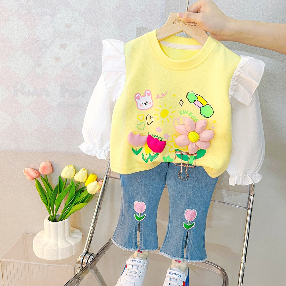 2023 Spring Kids Clothing Sets Baby Girls Lace Floral T Shirt Jeans 2 Pcs Suits Cartoon Infant Clothes Outfits Children Costume