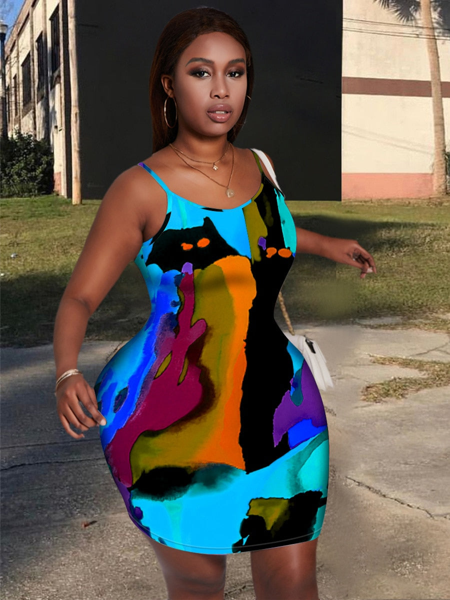 LW Plus Size Dress Mixed Print Bodycon Cami Dress Sexy Summer Tie Dye Spaghetti Strap Skinny Sleeveless A Line Sheath Vestidos