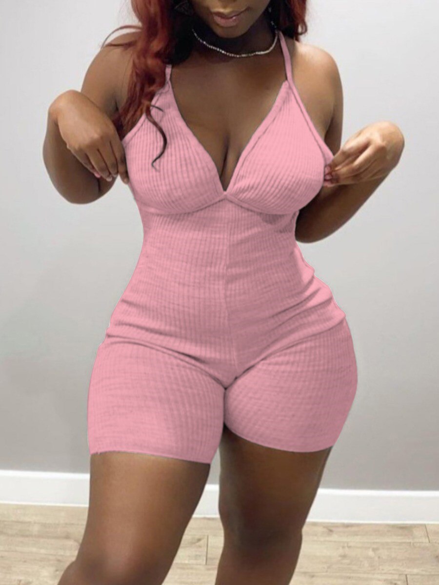 LW Plus Size Casual V Neck Elastic White One-piece Romper Slim Girls Jumpsuit Backless Halter Suspender Sweet One-Piece Bodycon