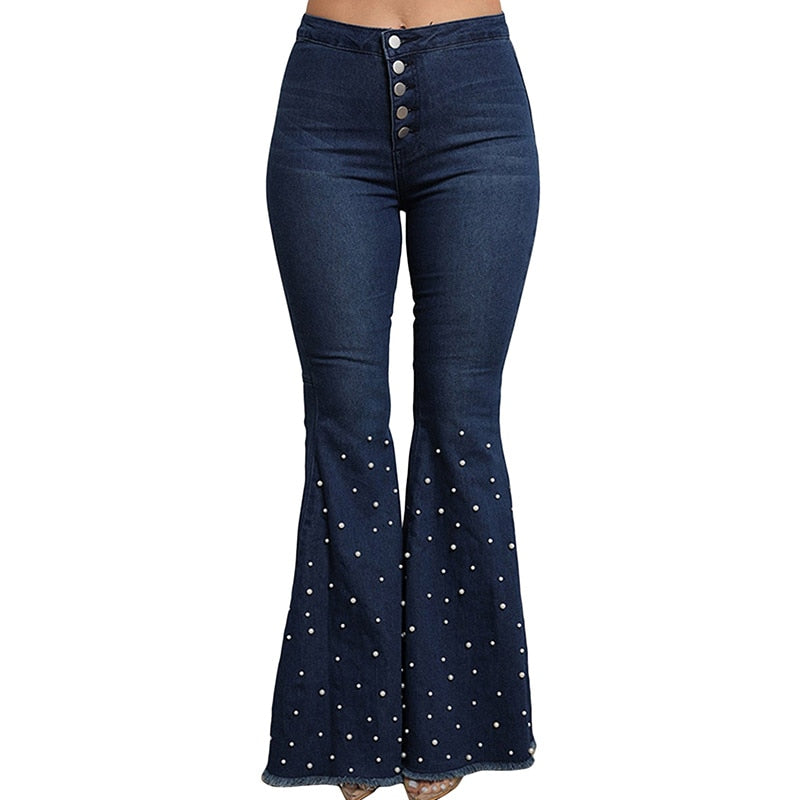 Mid Waisted Stretch Flare Jeans Women Denim Pants Wide Leg Butt-lifted Casual Korean Style Skinny Bell Bottom Pocket Trousers