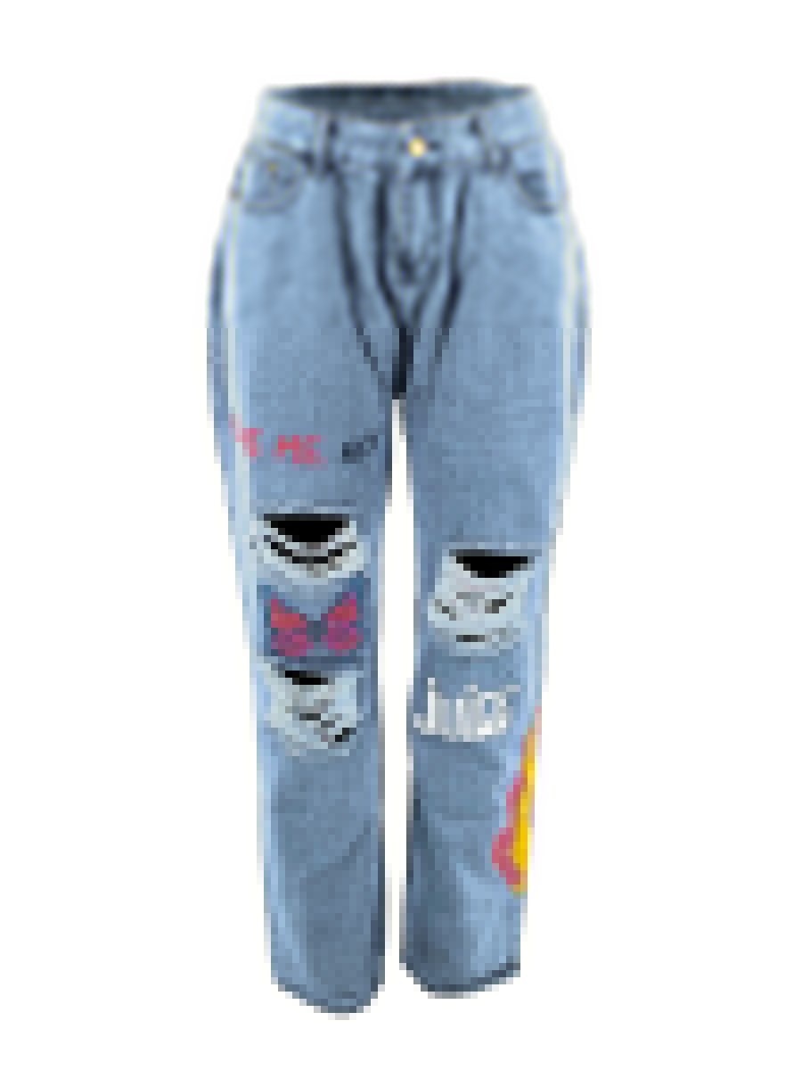 LW Plus Size Butterfly Letter Print Ripped Denim Street Style Mid-Waist Zipper Fly Daily Low Stretchy Solid Color Jeans