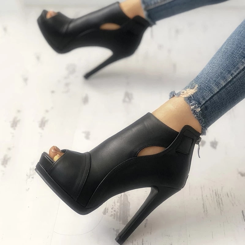 11cm New Women Pumps Spring Fall Office Shoes Breathable Hollow Out Square Heel Boots Woman Platform Heels Party Wedding Shoes