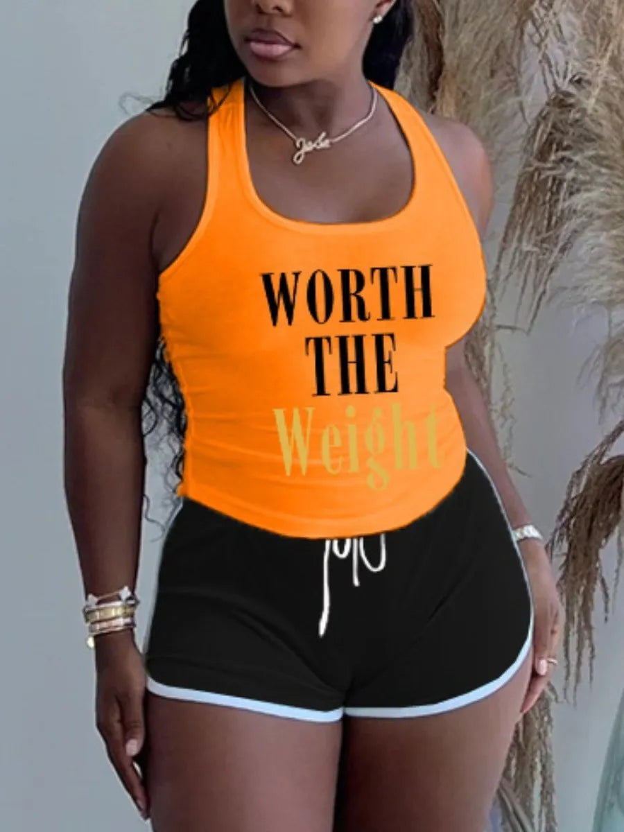 LW Plus Size Cami Drawstring Shorts Set Women’s Sports Two Piece Suit U-Neck Top and High Waist Elastic Tight Shorts Summer Sets