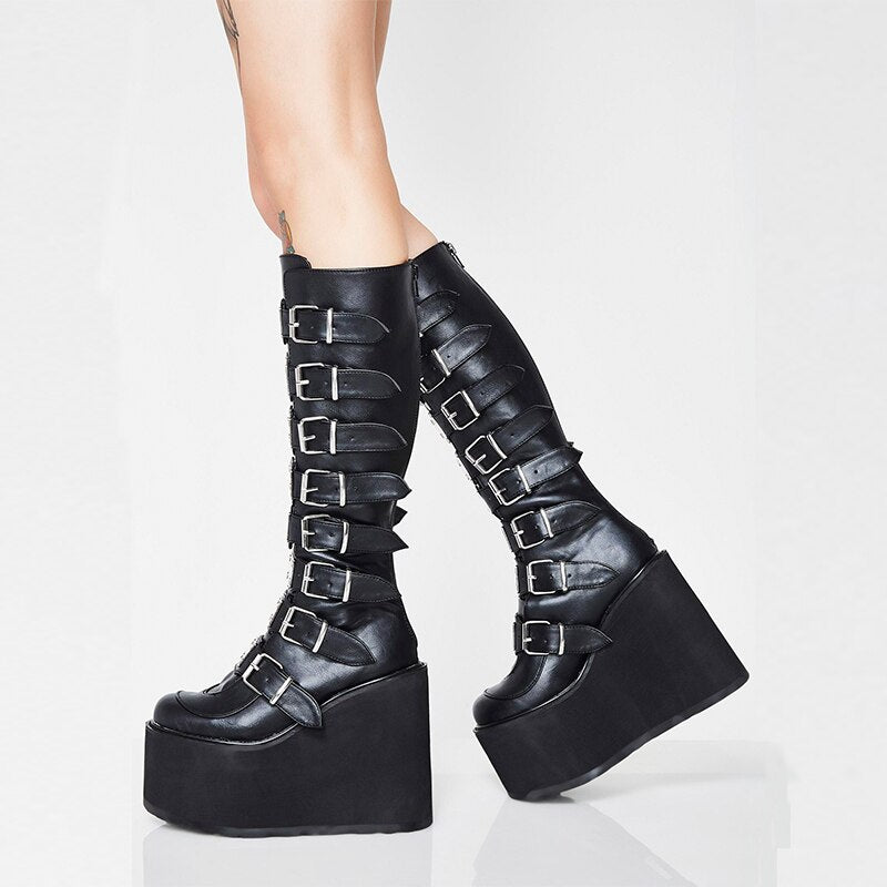 New Women Mid-calf Boots Metal Belt Buckle Wedge High Heel Platform Female Pumps Ladies Black Punk Gothic Party Shoes