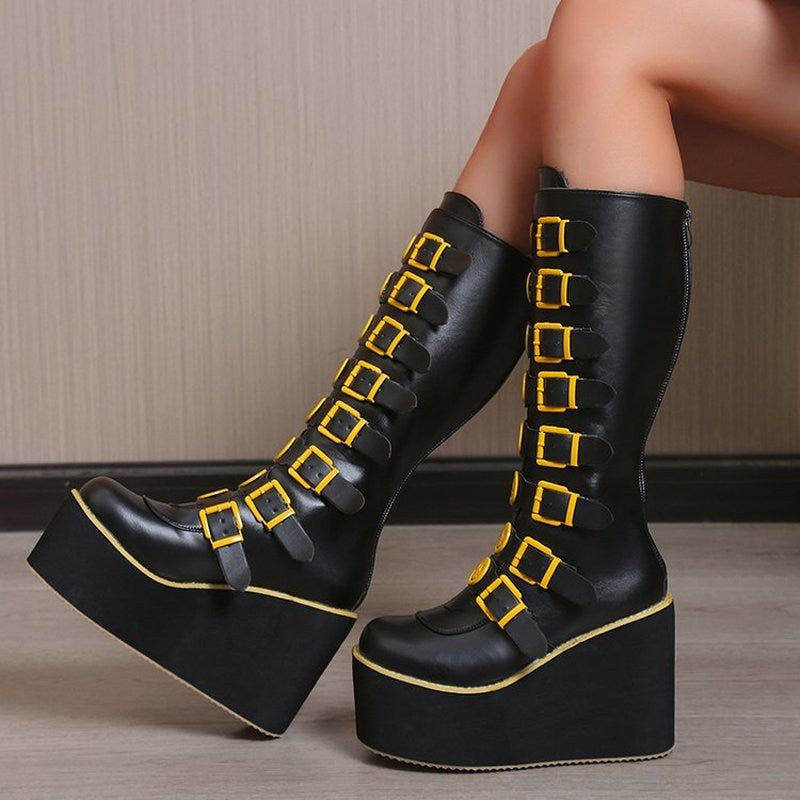 Plus Size 43 Black Gothic Vampire Halloween Cosplay Punk Buckle Street Platform Wedge High Heel Boots Women Shoes 2023