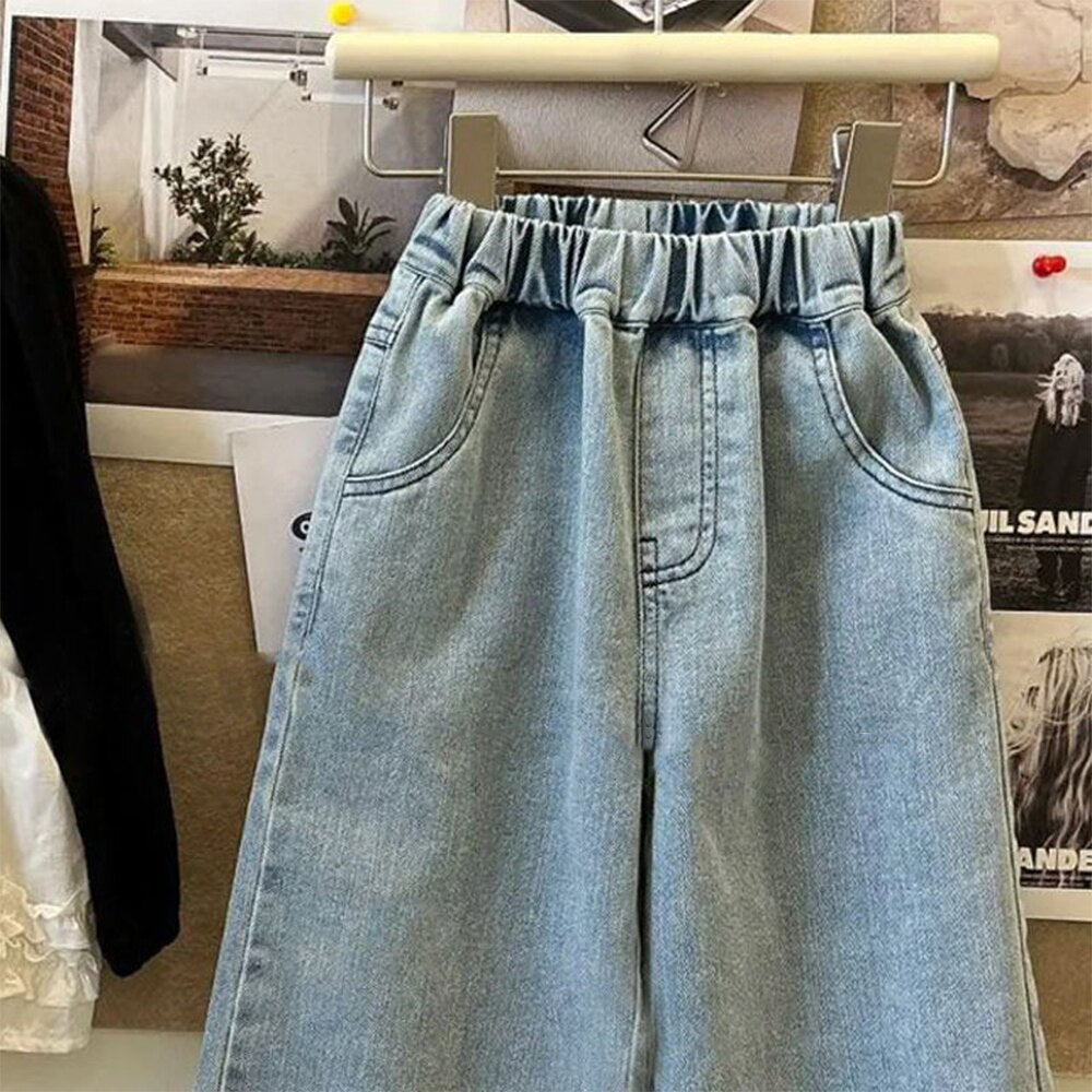 Bear Leader Girls Straight Lace Jeans Summer Children's Versatile Wide Leg Pants Sweet Casual Pants Fashion Girl Jeans Clothes