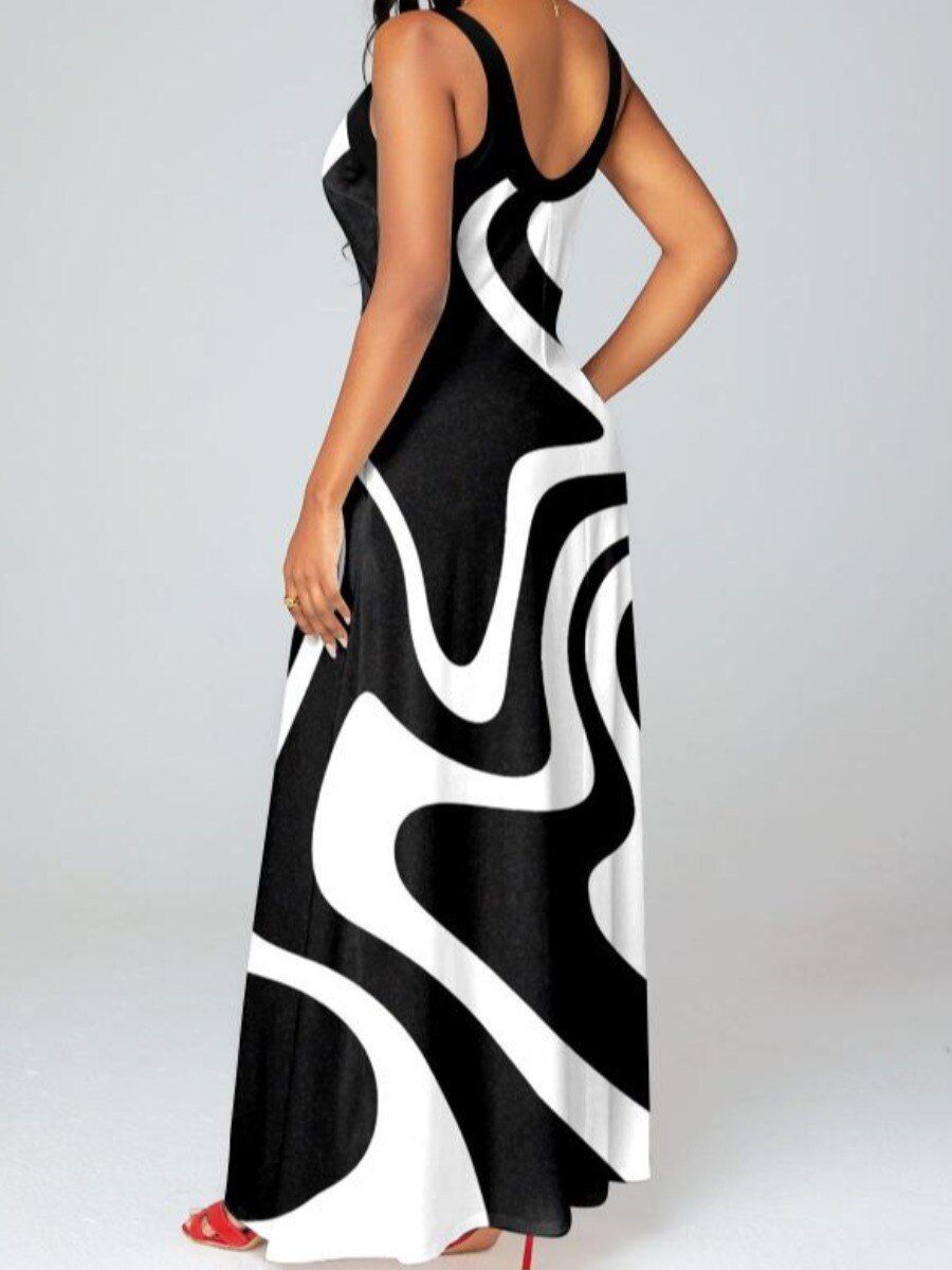 LW Striped Cross Strap Loose Dress Geometric Print Black And White Sleeveless Maxi Dress Color Block Sexy Party Vestidos