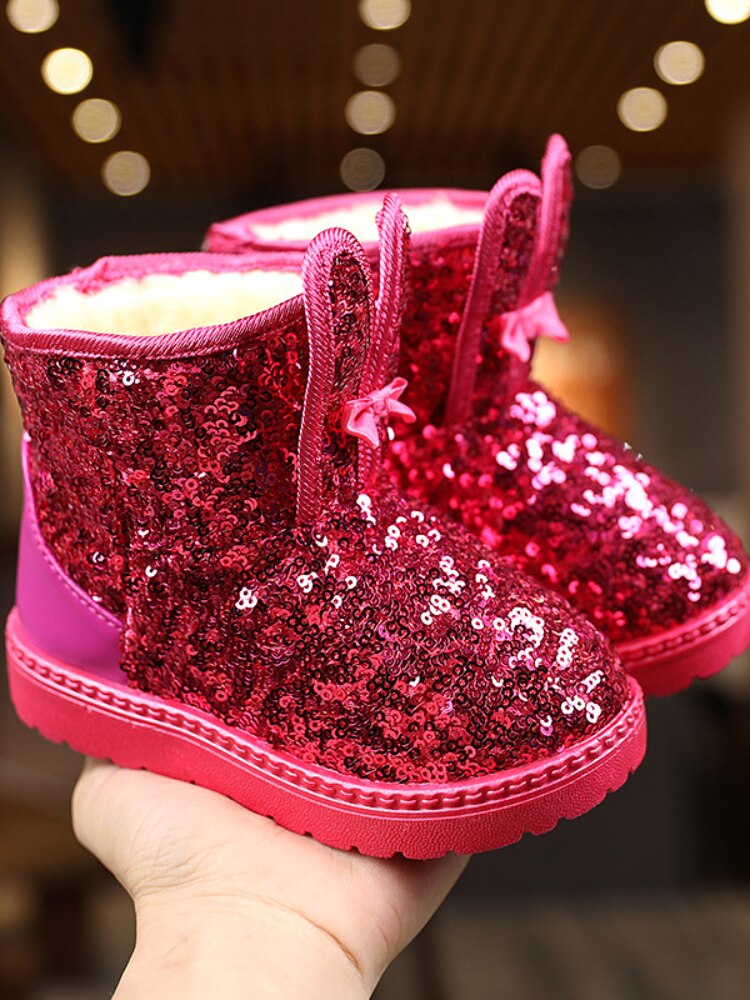 Fashion Bling Glitter Princess Cute Rabbit Toddler Short Boots Non-slip Plush Warm Snow Boots for Kids Winter Casual Shoes