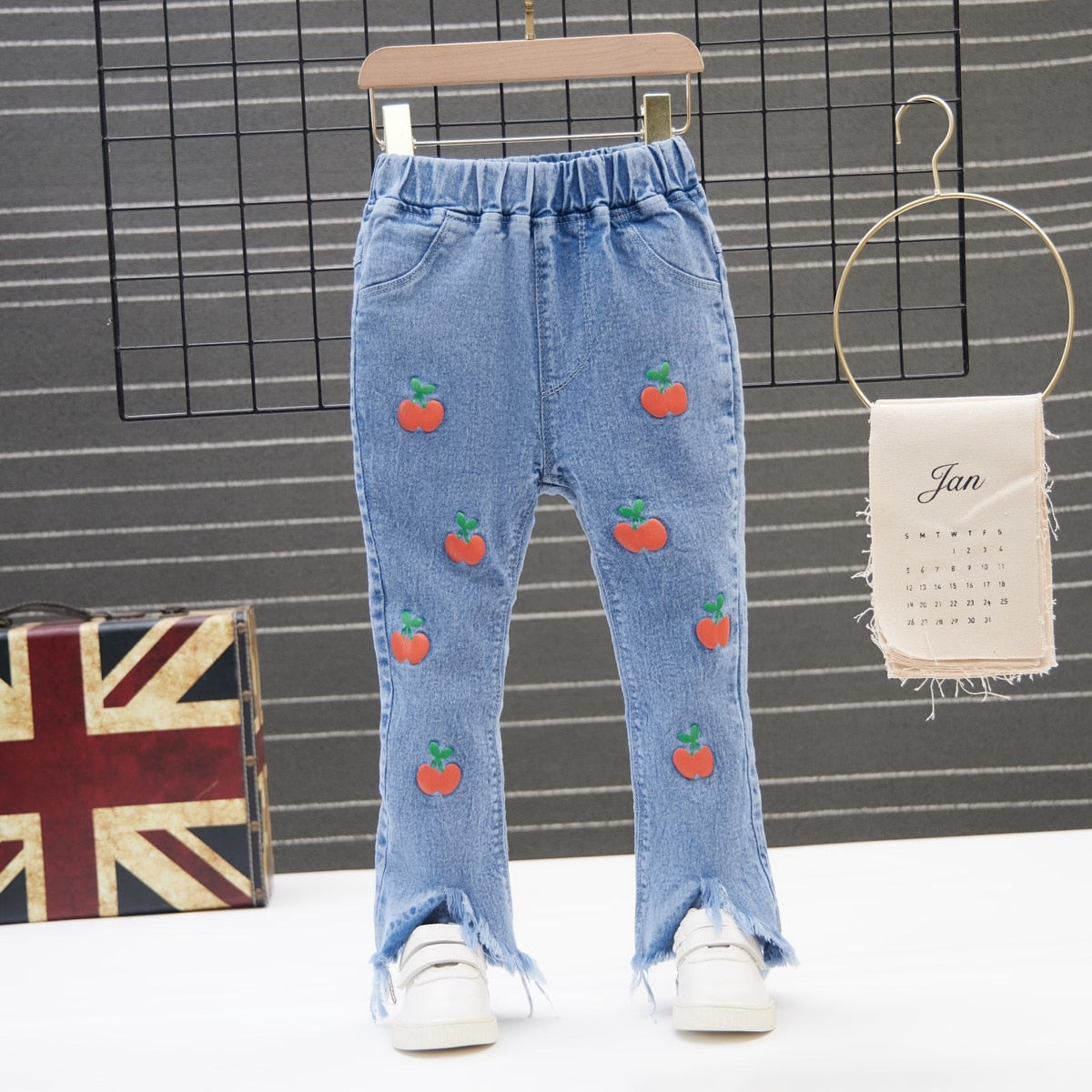 Kids Girls Denim Jeans Pants Spring Autumn Trousers Elastic Waistband Tassel Hem Bell-bottom Style Long Pants 90-130