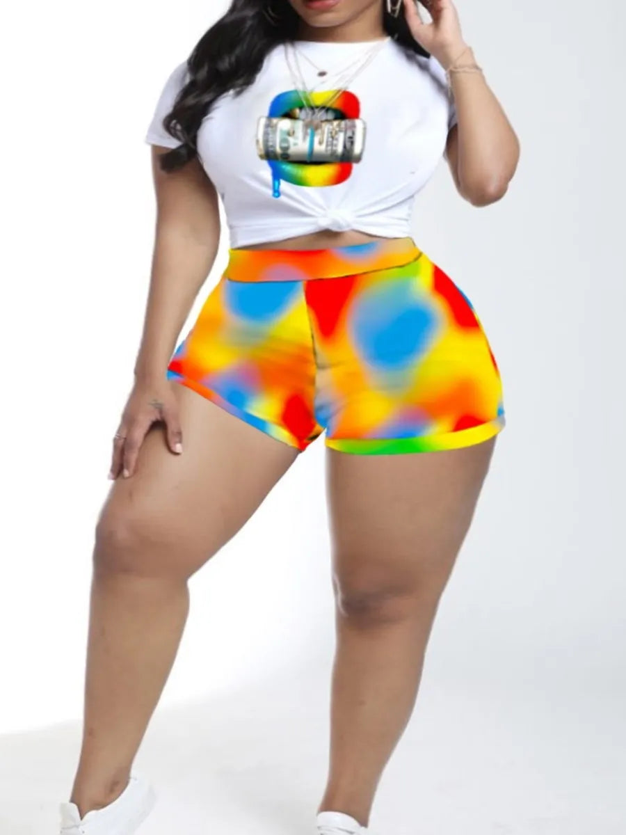 LW Plus Size Shorts Set  Lip Money Print Tie-dye Twilled Satin Casual Graffiti O Neck Stretchy Summer Outfits