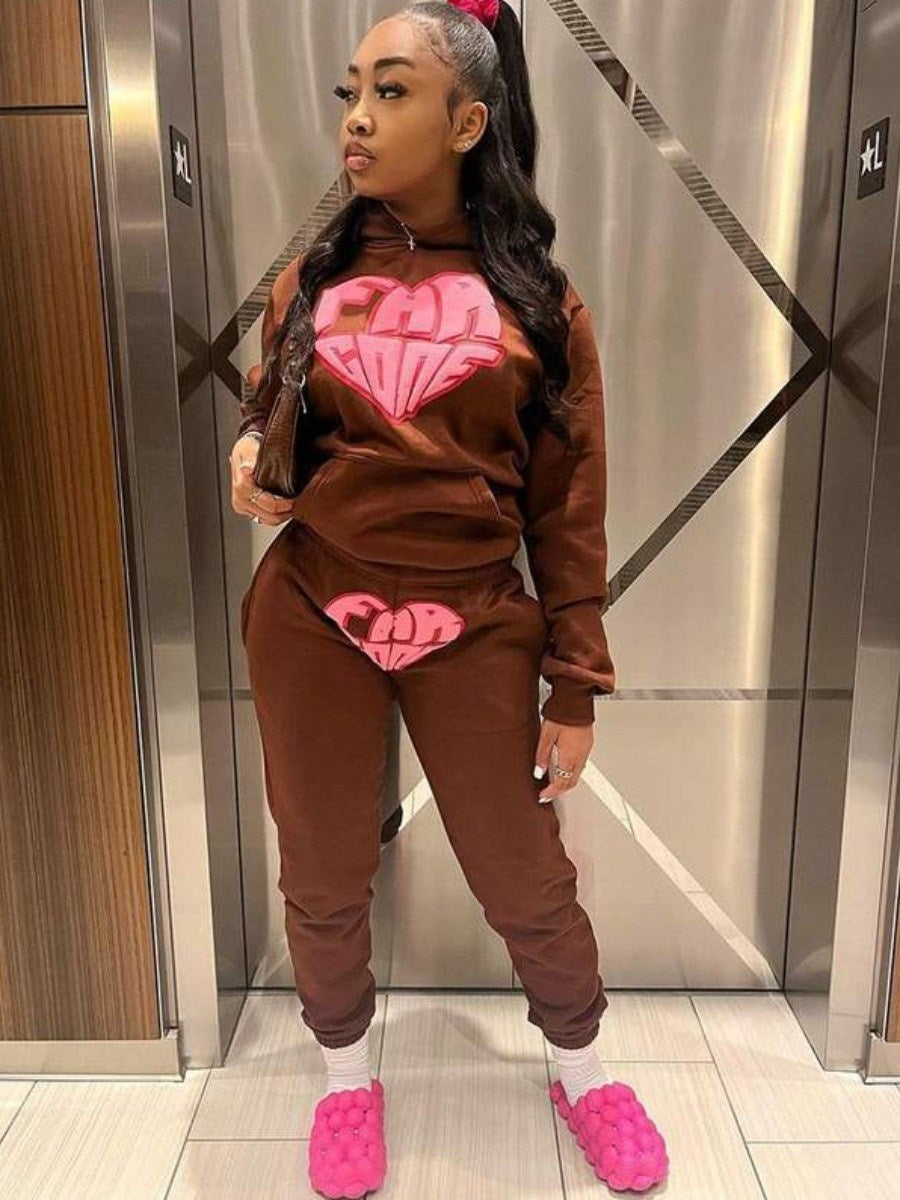 LW Letter Heart Print Kangaroo Pocket Tracksuit Set Hoodie+Sweatpants Women 2 Piece Pants Suits For Women Autumn Winter 2pc