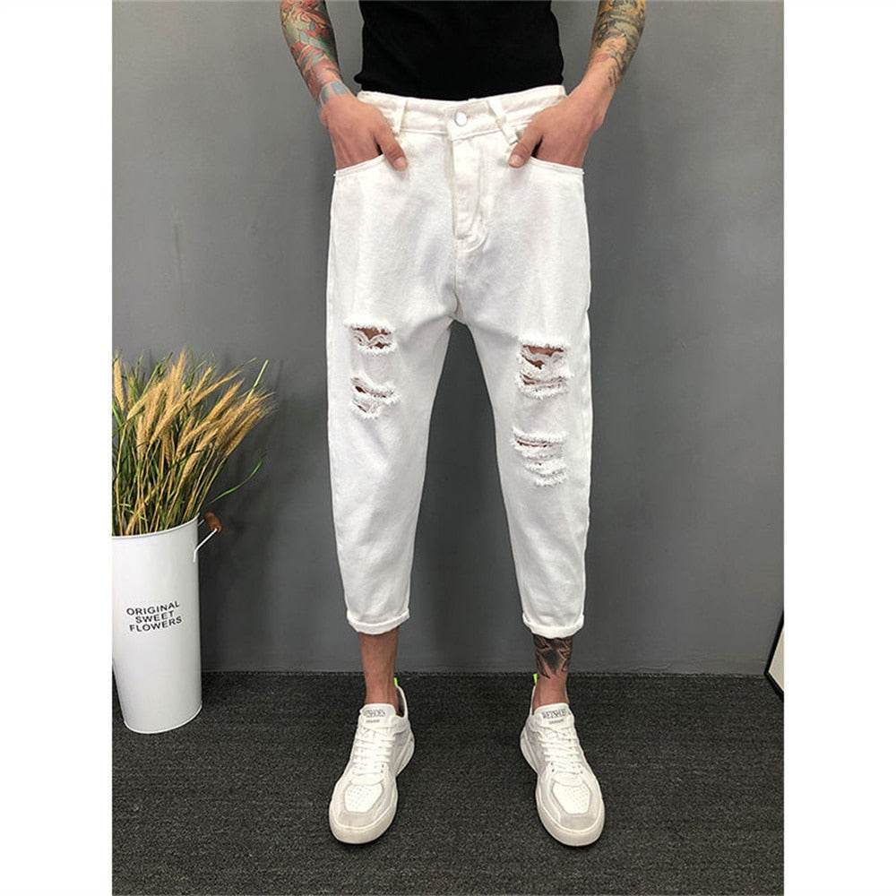 Japanese Trend New Men&#39;s Ripped Hole Jeans White Green Black Ankle Length Youth Fashion Loose Denim Harem Cargo Pants