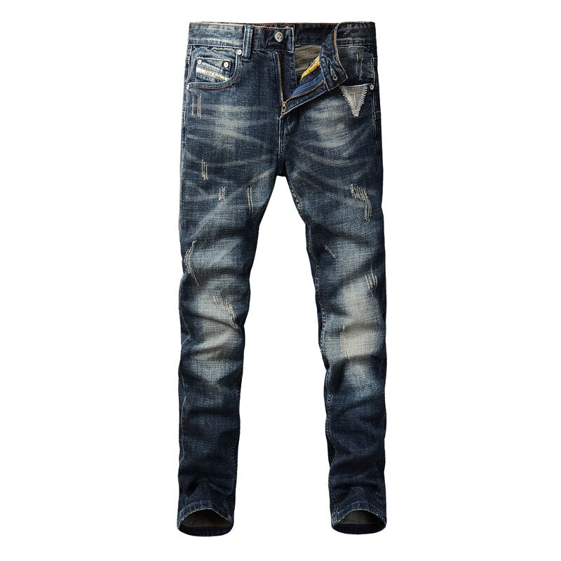 Italian Style Fashion Men Jeans Retro Black Blue Slim Fit Ripped Jeans Men Embroidery Patch Designer Vintage Casual Denim Pants