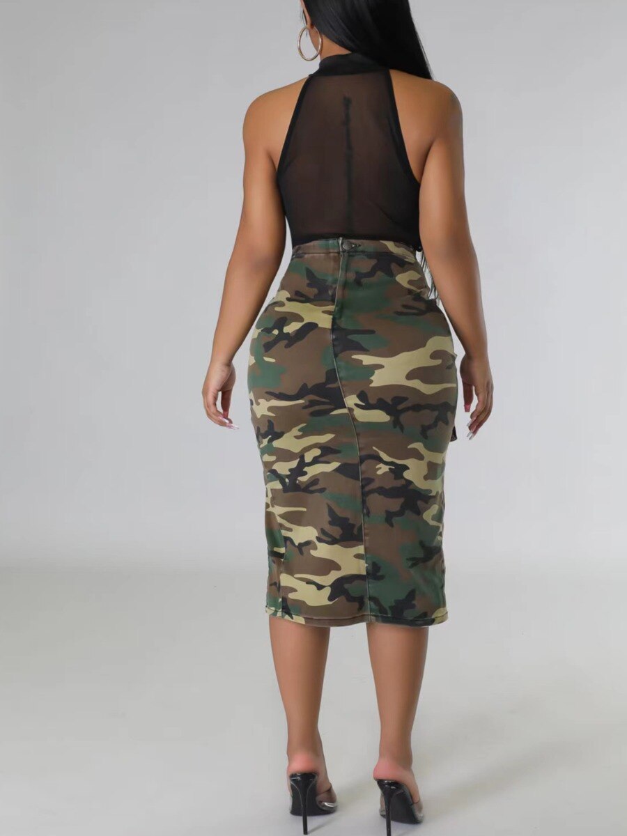 LW Women Sexy Camouflage Print Dresses Army Green Ripped Irregular Thigh Split Camo Pocket Long Maxi Skirt