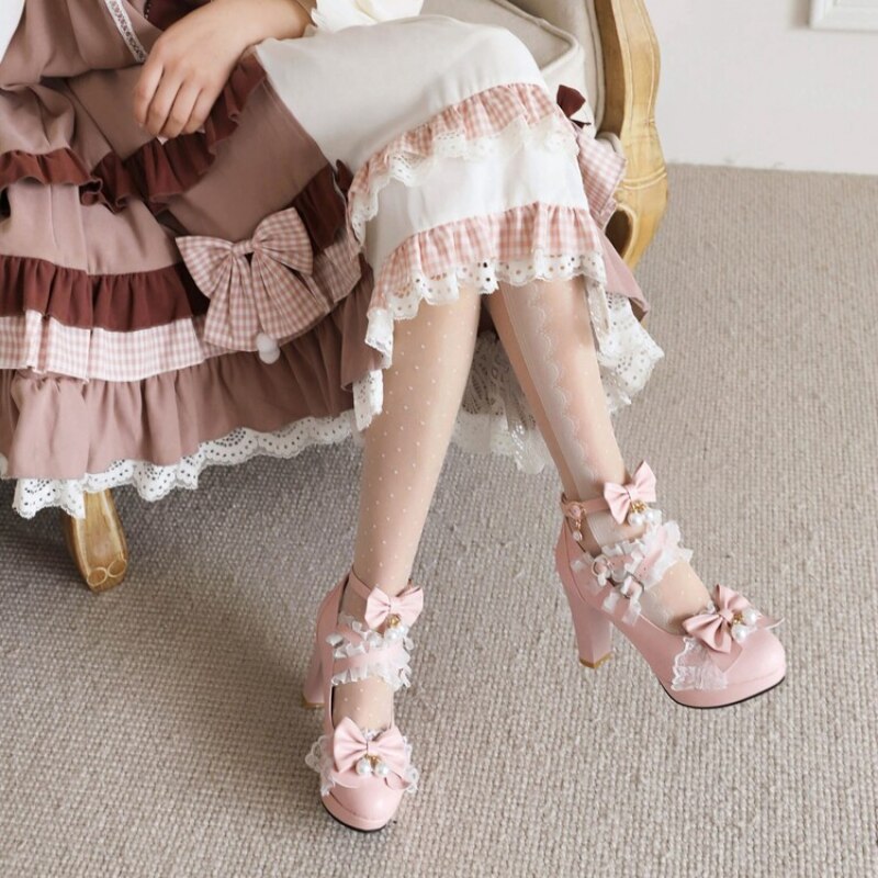 Super High Heeled Sweet Lolita Gothic Style Cosplay Shoes Girls Lovely Bow Tie Fur Ball Women Pumps Lace Cross Strap Shoe Women