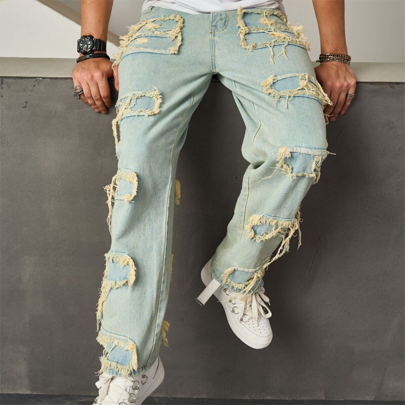 Men&#39;s Jeans Casual Loose Patchwork Jeans Hip Hop Punk Style Jeans Pants Play Skateboarding Street Personality Youth Jeans Pants