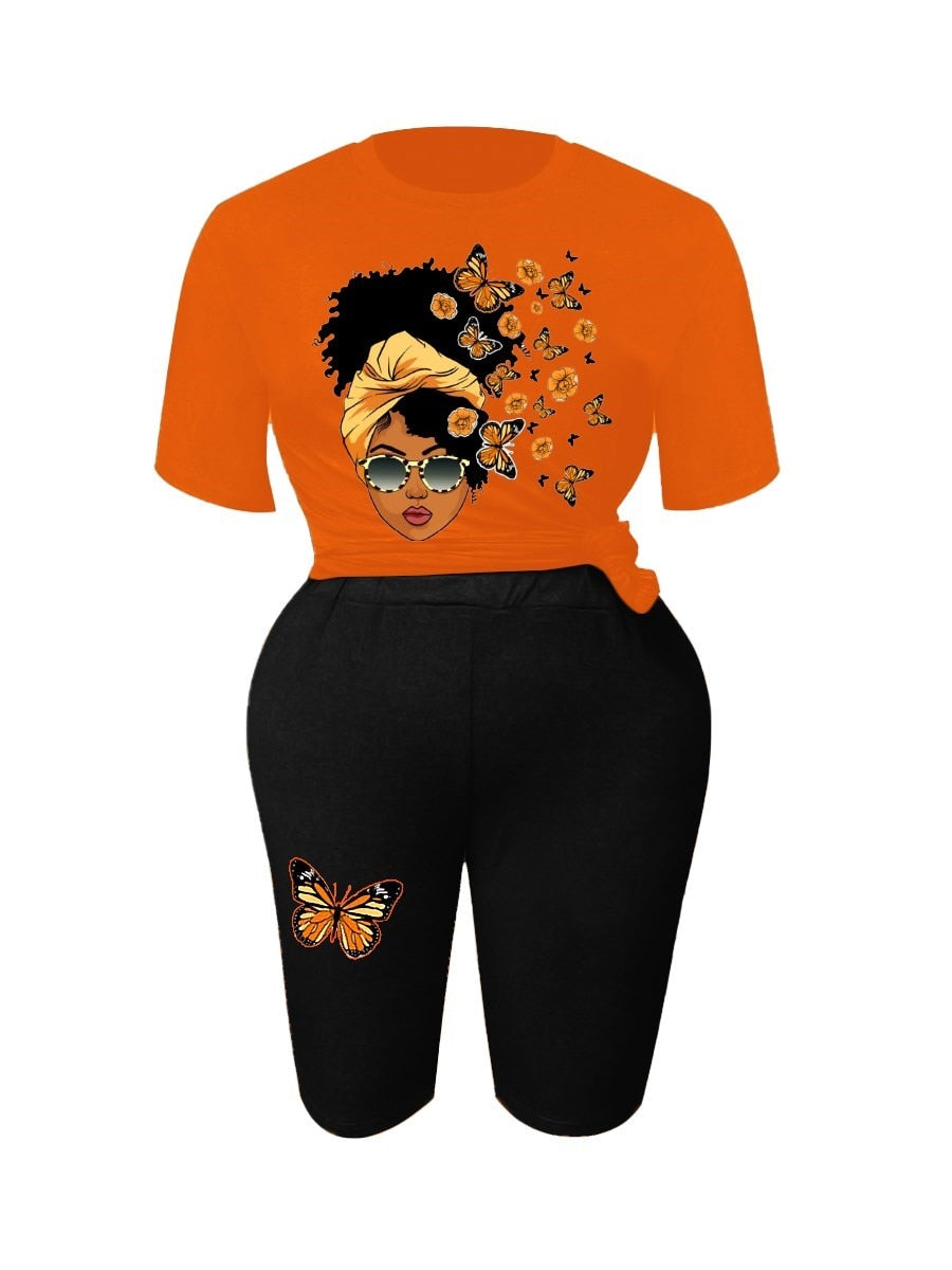 LW Plus Size Two Pieces Butterfly Figure Print Shorts Set Polyester Casual Regular Sleeve Solid Skinny O-Neck Macthing Outfits