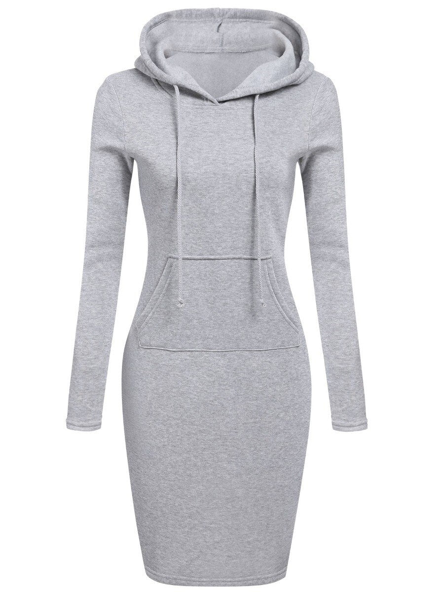 LW Plus Size Hooded Collar Kangaroo Pocket Dress Autumn Ladies Dress Hooded Warm Sweatshirt Camp Collar Casual Sports Dress