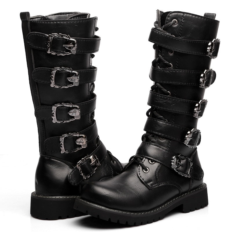 New 2023 Men Leather Motorcycle Boots Fashion Mid-Calf Punk Rock High Top Casual Boots Men Shoes Military Riding Boots Black