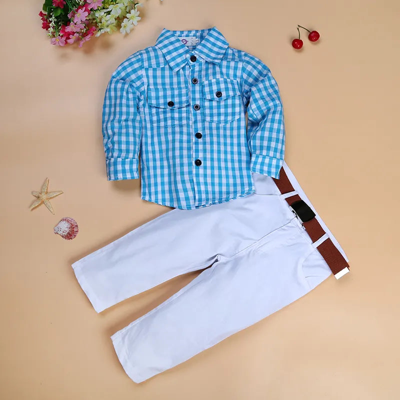 New Handsome Boys Clothing Set Long Sleeve Blue Plaid Shirt Suits Boys 3-pieces suit:Long sleeve plaid shirts+White pants+Belt