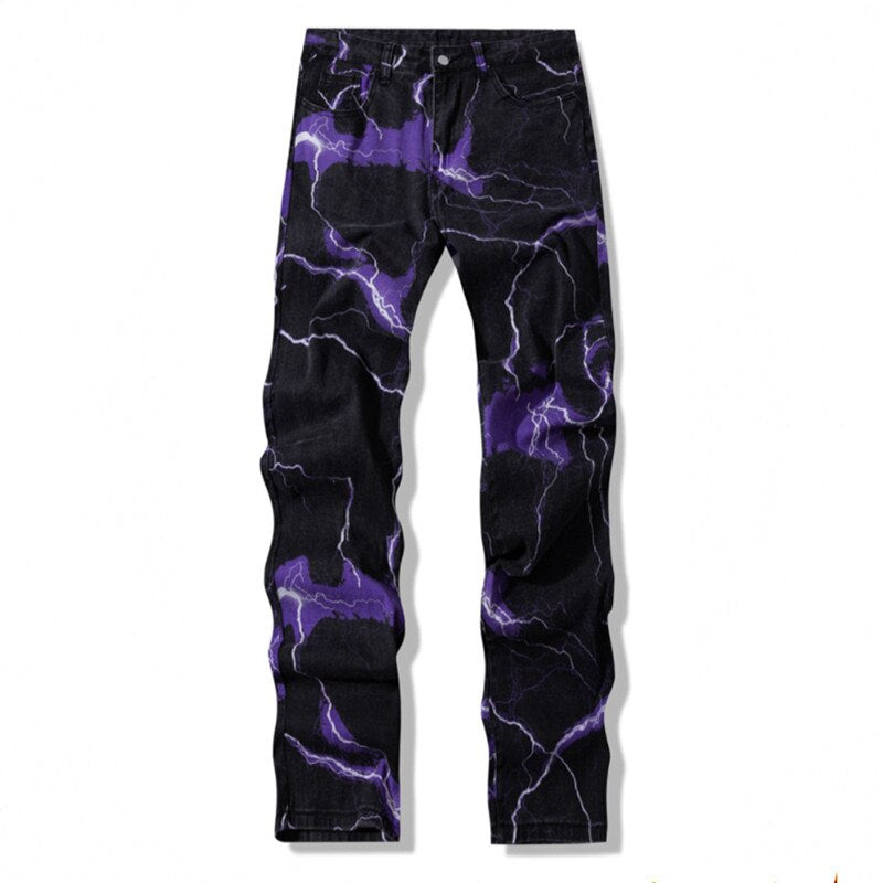 Minus Two New Fashion Mens Jeans Lightning Printed Tie Dye Black Jean Trousers Men Streetwear Y2K Denim Pants Pantalones Hombre