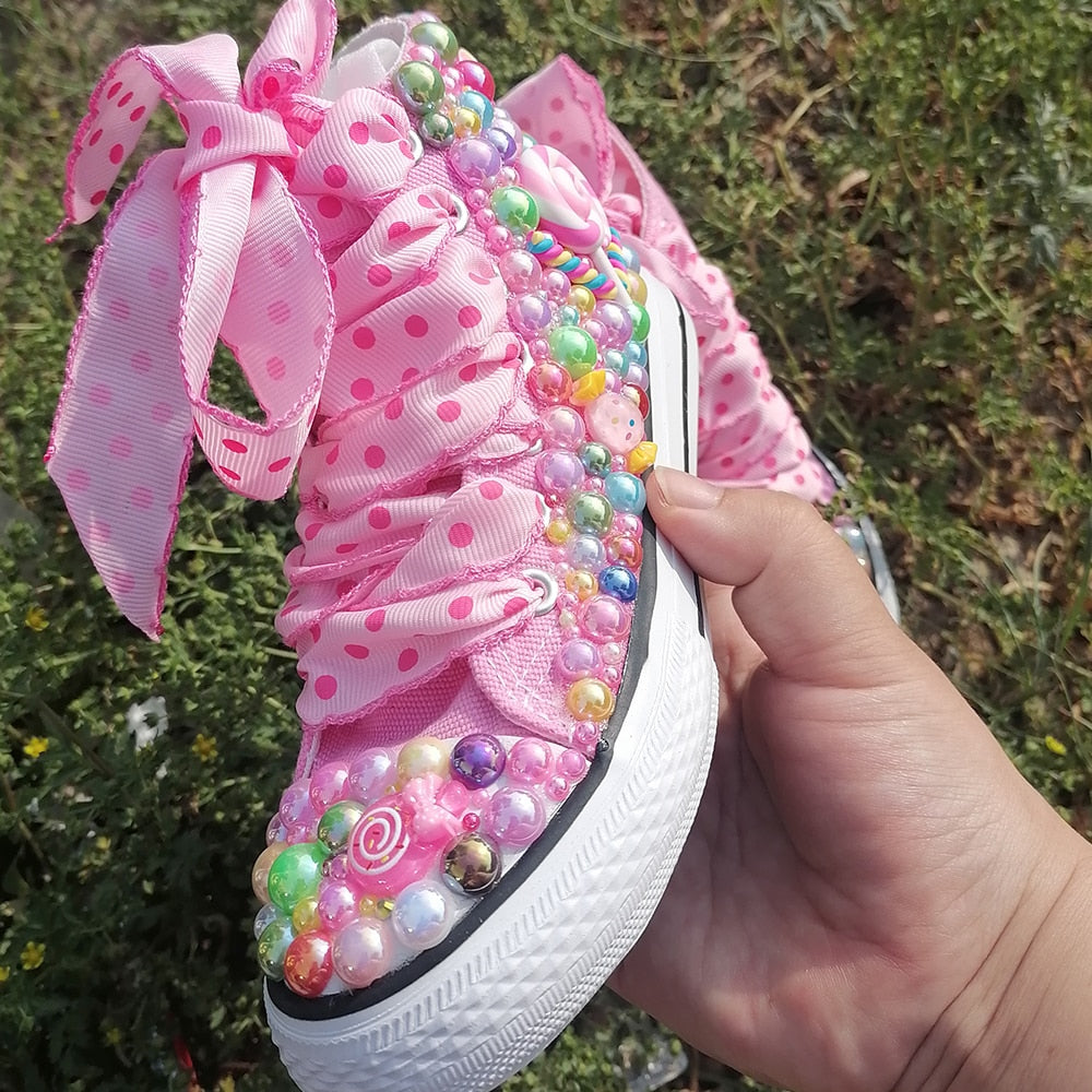 Handmade Rhinestones Bling Girls Womens Kids And Mother Candy Canvas Shoes Pearls Sneakers For Girl Birthday Party Wedding