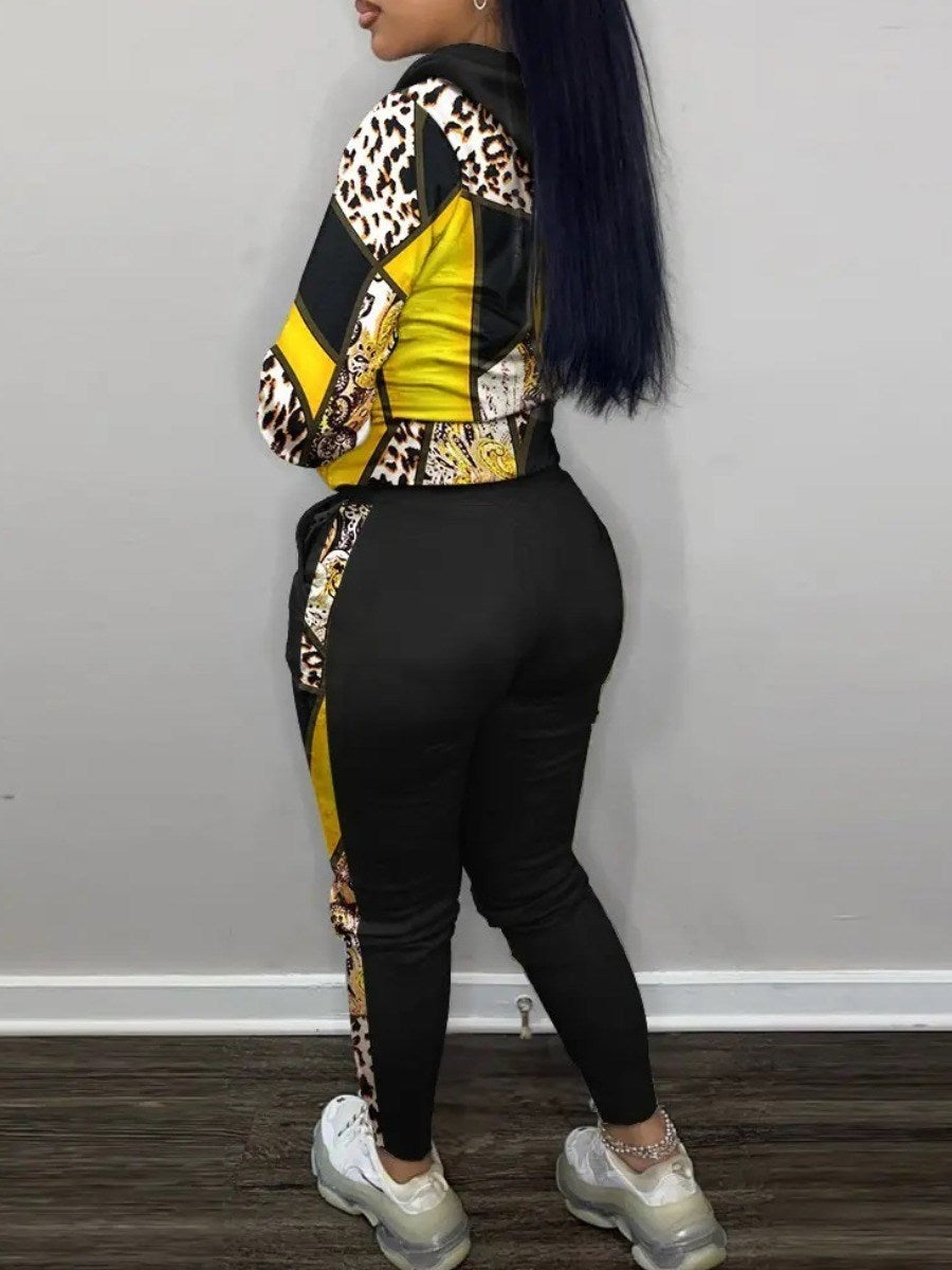 LW Women Two Pieces Leopard Print Kangaroo Pocket Tracksuit Set Yellow Long Sleeve Hoodie&Black Patchwork Sporty Pants 2PC