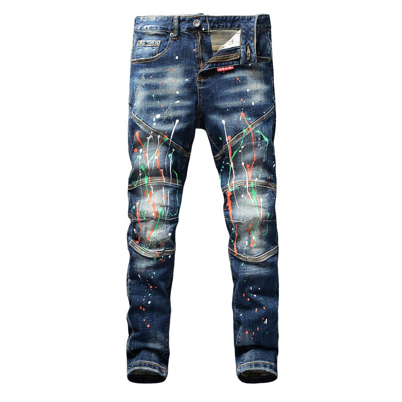 Street Fashion Men Jeans Retro Blue Stretch Slim Fit Painted Ripped Jeans Men Spliced Designer Hip Hop Denim Biker Pants Hombre