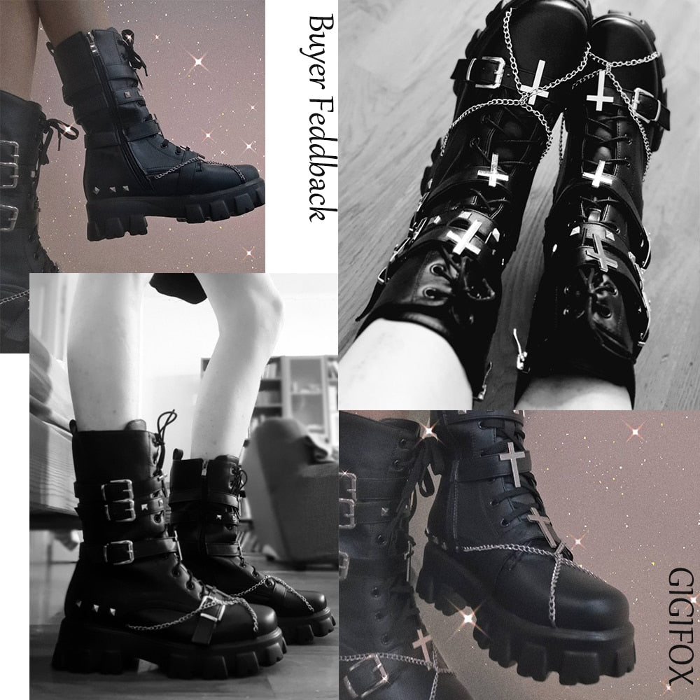 GIGIFOX Fashionable Trendy Black White Gothic Platform Buckles Chains Punk Rivets Combat Motorcycle Boots Shoes For Women 2022