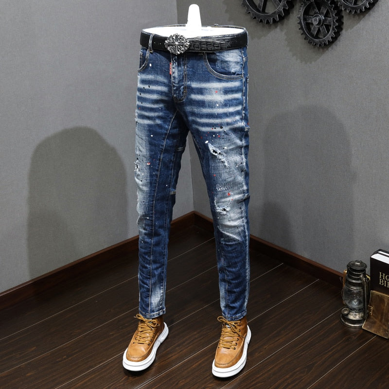 Fashion Designer Men Jeans Retro Blue Stretch Slim Fit Painted Ripped Jeans Men Korean Style Vintage Casual Denim Pants Hombre