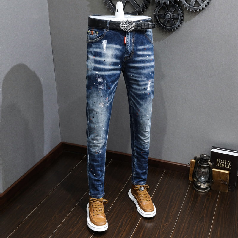 Fashion Designer Men Jeans Retro Blue Stretch Slim Fit Painted Ripped Jeans Men Korean Style Vintage Casual Denim Pants Hombre