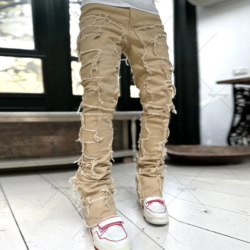 High Street Casual Patch Jeans Men 2023 New European and American Heavyweight Street Stretch Straight Jeans Soft Stretch Pants