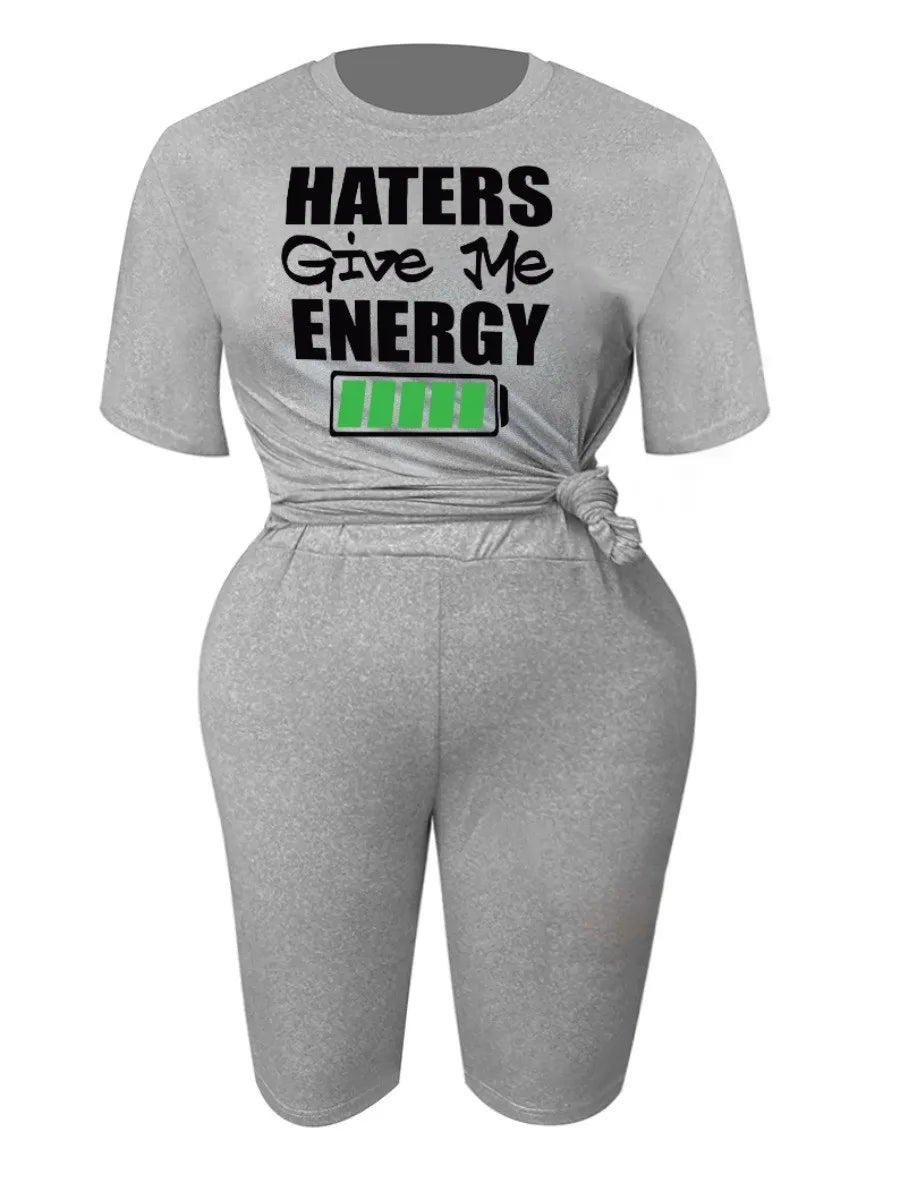 LW Plus Size Haters Give Me Energy Letter Print Shorts Set 2PCs Women Clothings Casual Suits Daily TOPS+PANTS Matching Outfits