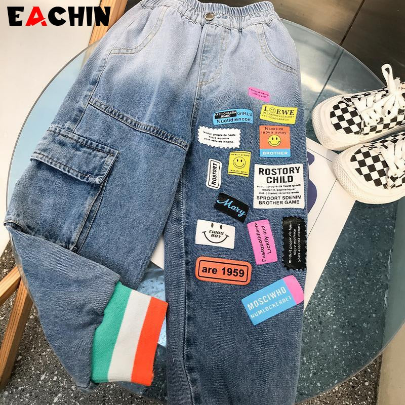 EACHIN Baby Boys Jeans 2023 New Fashion Patchwork Teen Boy Clothes Kids Denim Pants Toddler Sky Blue Jeans Children Casual Pants