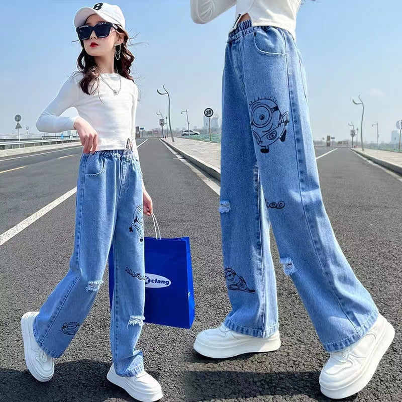 Baby Girl Wide Leg Jeans Kids Girls Denim Pants Children Outwear Long Trousers Girl Clothing Fall Spring 90-160