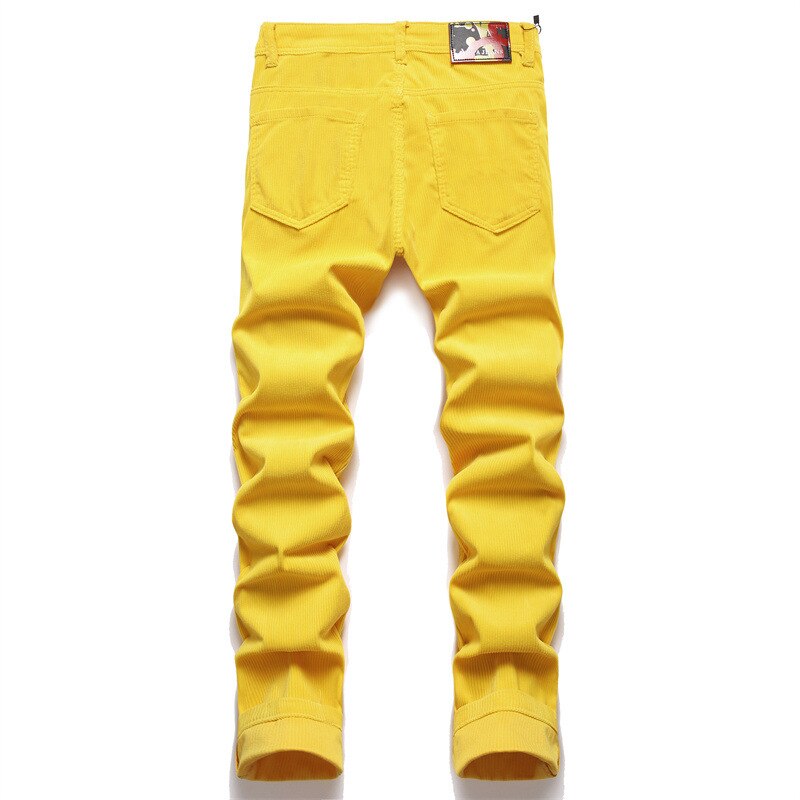 Denim Jeans Stretch Men&#39;s Casual Pants Men&#39;s Fashion Trend Letter Embroidery Yellow Corduroy