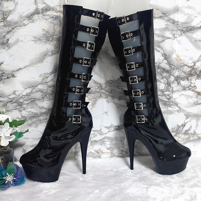 6 &quot;Sexy Buckle Ankle Women&#39;s Boots Gothic Party Concise High Stripe Heels Steel Tube Dance Shoes