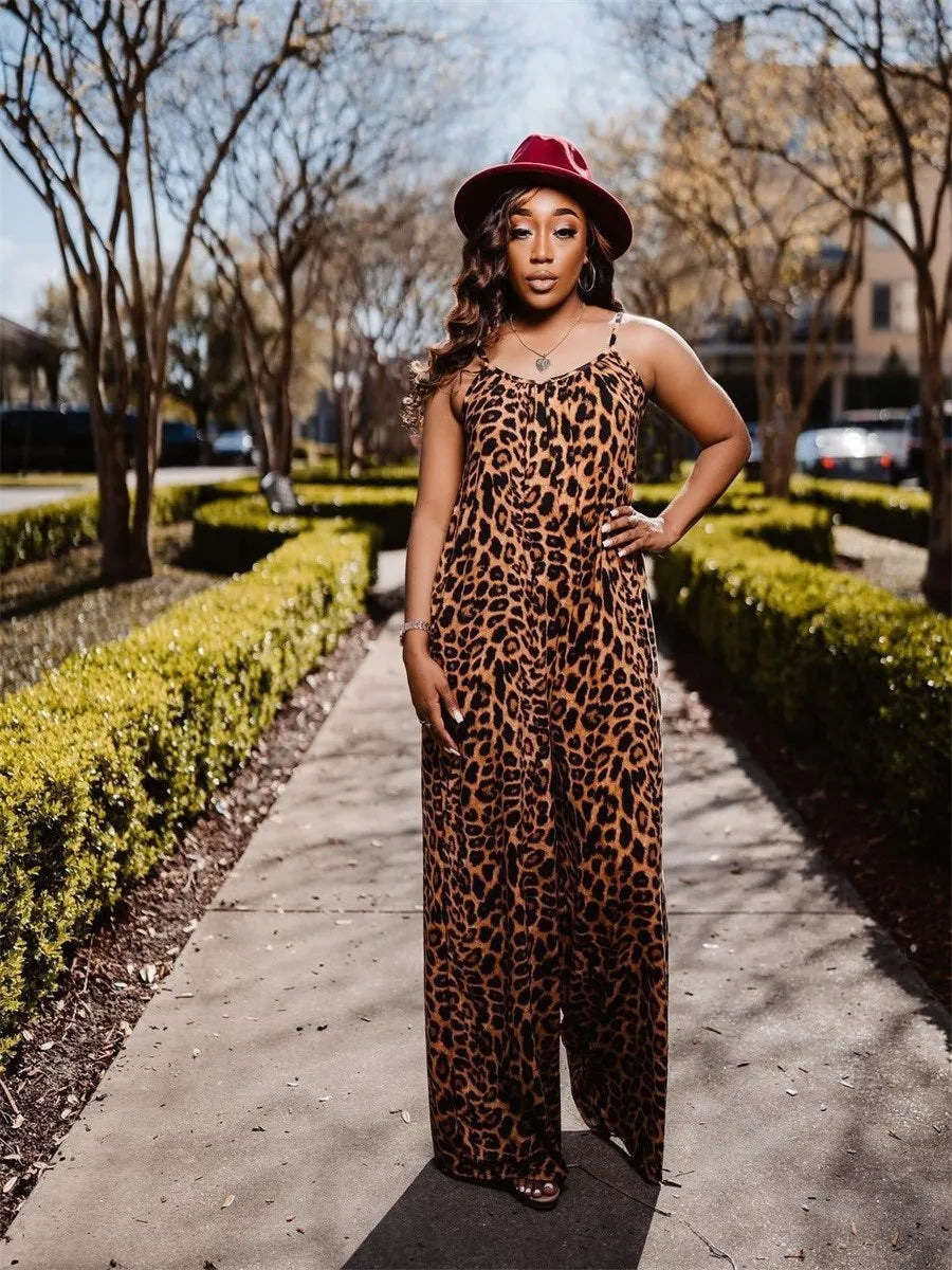 LW SXY Plus Size Jumpsuit Leopard Print Pocket Design Jumpsuit Patchwork Sleeveless Spaghetti Strap Women Elastic Summer Outfit