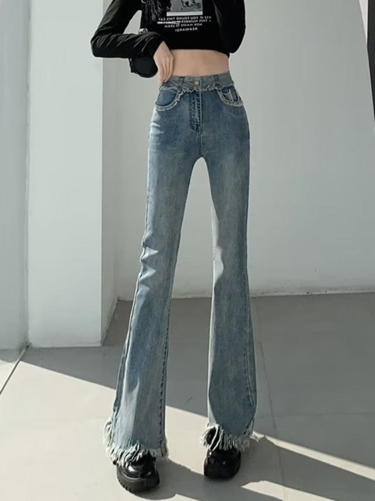 High Waist Micro Bell-bottoms High Street Retro Jeans Slim Spicy Girl Horseshoe Pants Casual Women Jeans