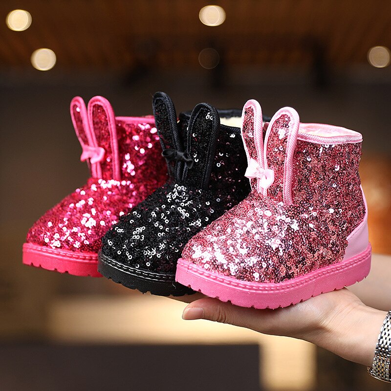 Fashion Bling Glitter Princess Cute Rabbit Toddler Short Boots Non-slip Plush Warm Snow Boots for Kids Winter Casual Shoes