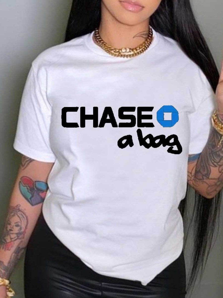 LW Plus Size Women&#39;s T-shirts Chase A Bag Letter Print T-shirt Tops O-neck Short Sleeves Loose Summer Tshirt White Tees