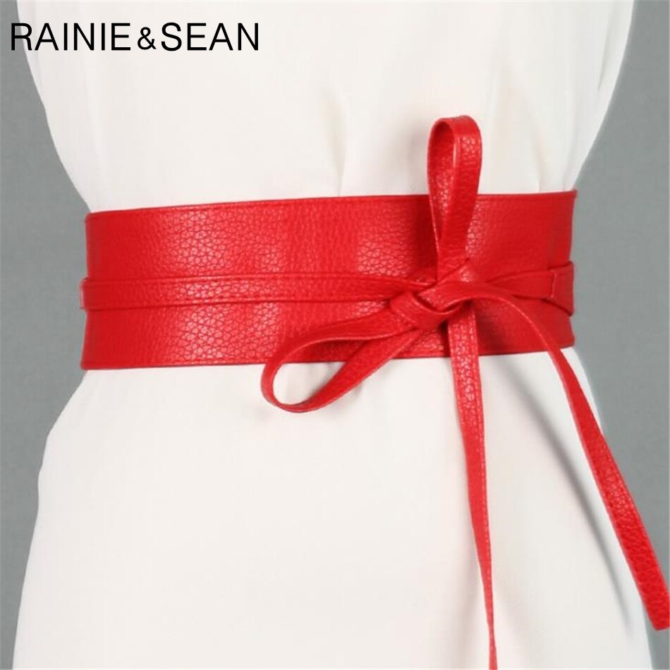 RAINIE SEAN Women Pu Leather Belt Soft Leather Wide Self Tie Wrap Wedding Designer Brand Ladies Belts For Dresses