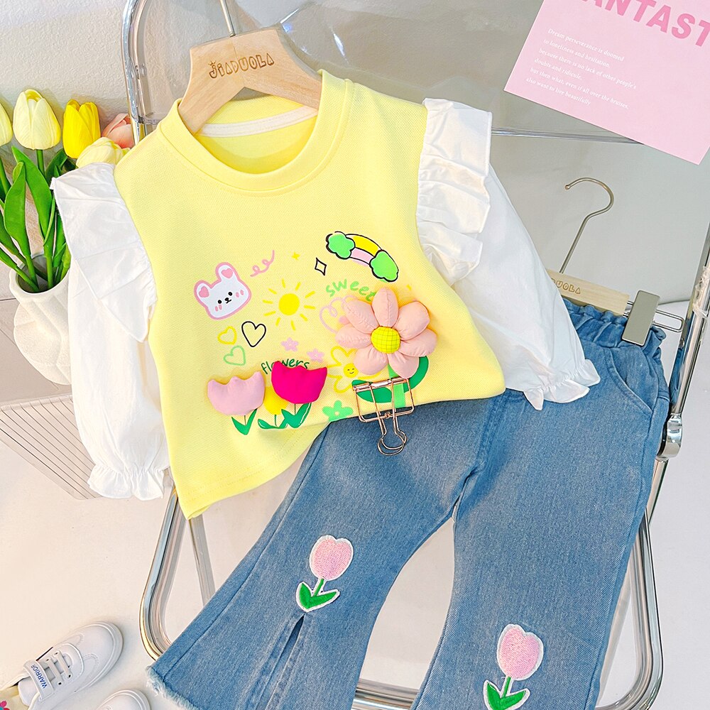 2023 Spring Kids Clothing Sets Baby Girls Lace Floral T Shirt Jeans 2 Pcs Suits Cartoon Infant Clothes Outfits Children Costume