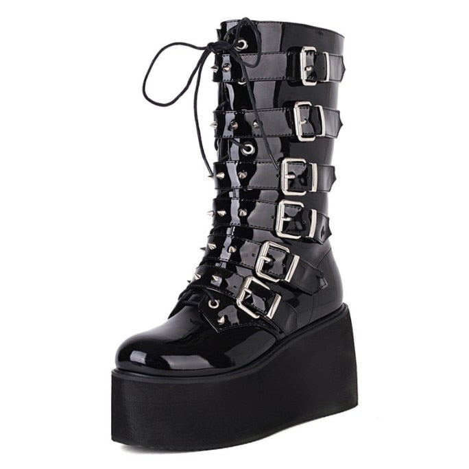 Punk Wind Rivet Mid Barrel Knight Boots Women&#39;s 2023 Autumn/Winter New Thick Sole High Heel Belt Buckle Large 43 Women&#39;s Boots