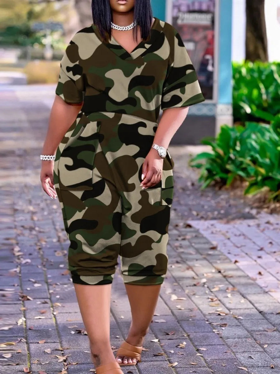 LW Plus Size Casual Jumpsuit Camo Print Pocket Design Jumpsuit short sleeve Loose Wide Leg Rompers Summer jumpsuit Overalls Outf