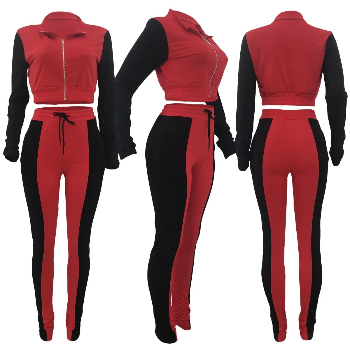 LW Autumn NEW women's matching set long sleeve Crop Top & Drawstring Patchwork Pants Set casual 2pcs set for fall sport suit