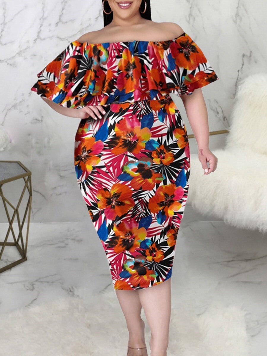 LW Plus Size Dresses Floral Print Flounce Design Bodycon Dress Elegant One Shoulder Bateau Neck party dress women&#39;s A Line skirt