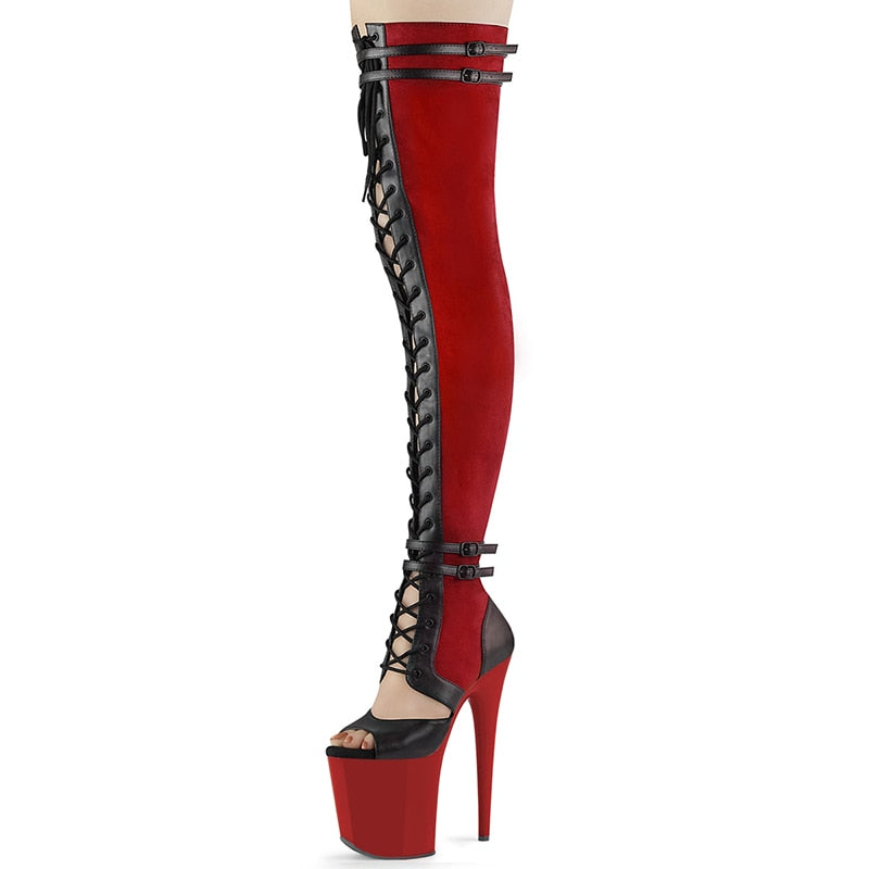 20cm Gothic Red Women&#39;s Exotic Dancer Thin Heels Platform Boots Nightclub Big Size Sexy Fetish Peep Toe Fashion Queen Catwalk