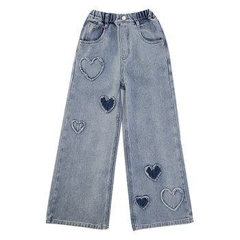 New Fashion Teenager Girls Denim Wide Leg Pants Children Trousers Spring Autumn Love Pattern Girls Jeans 5-14 Years Kids Clothes